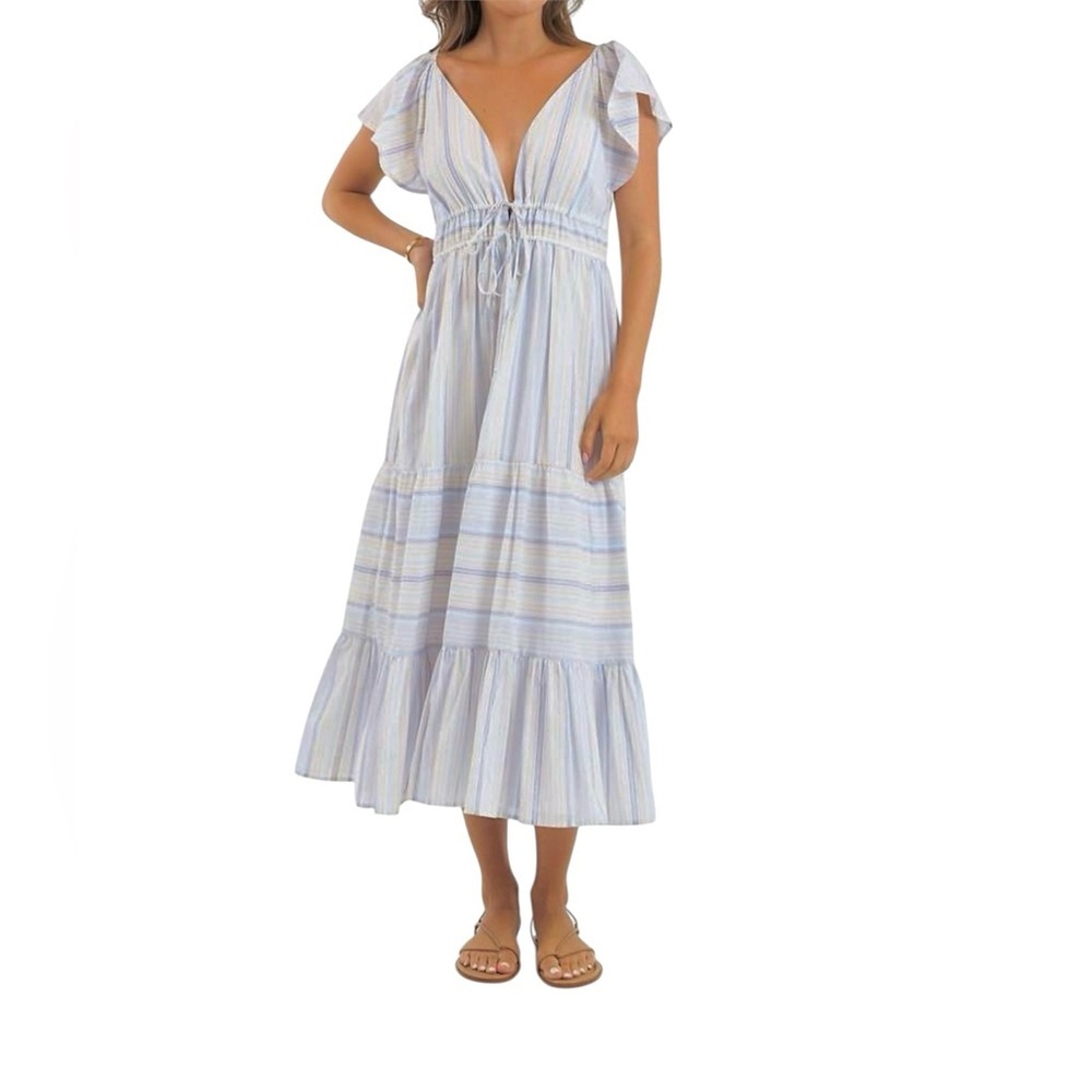 Anthro Sundays 100% Cotton Blue Striped Flutter Sleeve Tiered Ruffle Maxi Dress
